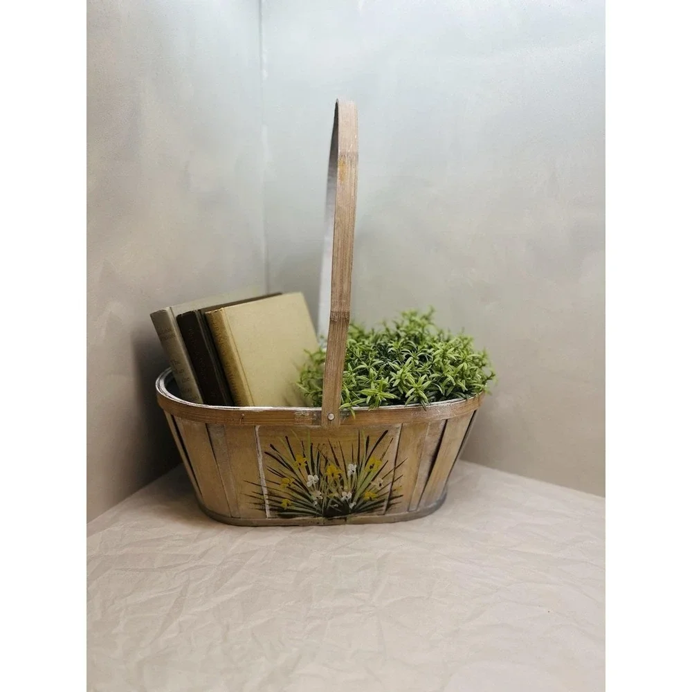 Vintage Hand Painted Basket Yellow Floral Handle Large Whitewashed Split Wood